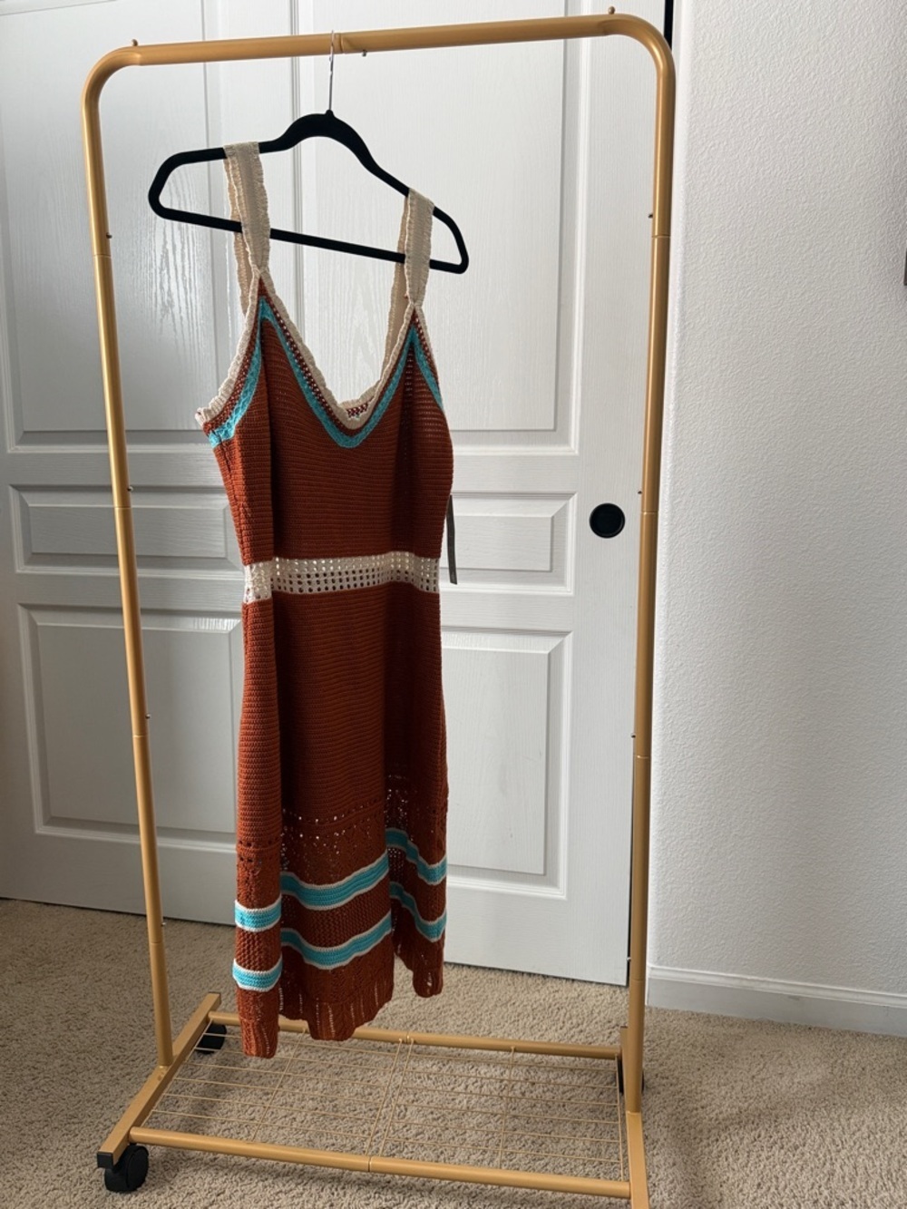 Y2K Rust Crochet Tank Dress with Cream & Turquoise Trim - Picture 5 of 5
